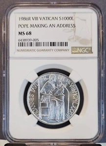 1986 VATICAN SILVER 1000 LIRE POPE MAKING AN ADDRESS NGC MS 68 SCARCE GEM BU - Picture 1 of 3