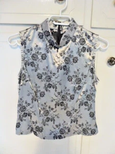 VTG MORGAN de TOI  SILVER /BLACK ROSES MANDARIN COLLAR SLEEVESLESS TOP  S~FRANCE - Picture 1 of 15