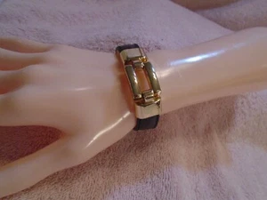 Black Leather Bracelet with Gold Tone and Snap Closure - Picture 1 of 6