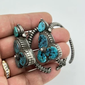 19. Jh. alt antik Lhasa Tibetischer Türkis Silber Alung Paar Ohrring Schmuck - Bild 1 von 5