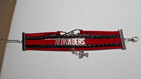 TEXAS TECH RED RAIDERS BRACELET BLACK & RED LEATHER STRAPS W/SILVERTONE METAL Cover