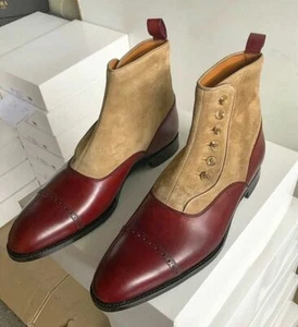 Handmade Two Tone Button Boots Men Burgundy and Beige Stiefeletten, Boots for Men - Bild 1 von 4