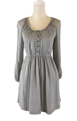 J. Crew 100% Silk Long Sleeve Dress Women's 0 Gray Pockets Elastic Waist Buttons - Image 1 of 4