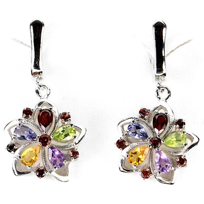 ELEGANT NATURAL AMETHYST,GARNET,PERIDOT,CITRINE,IOLITE 925 SILVER DANGLE EARRING - Image 1 of 3