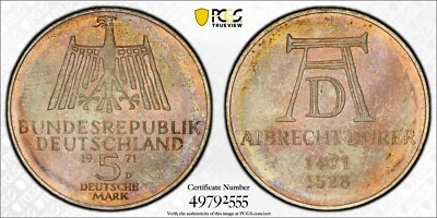 MS65 1971-D Germany Albrecht Durer Silver 5 Mark, PCGS Trueview- Nicely Toned - Image 1 of 4