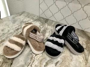 UGG Koolaburra 2 PAIRS Fuzz'n Fur Brown Black Slingback Slipper Sandals Sz 9 SET - Picture 1 of 18