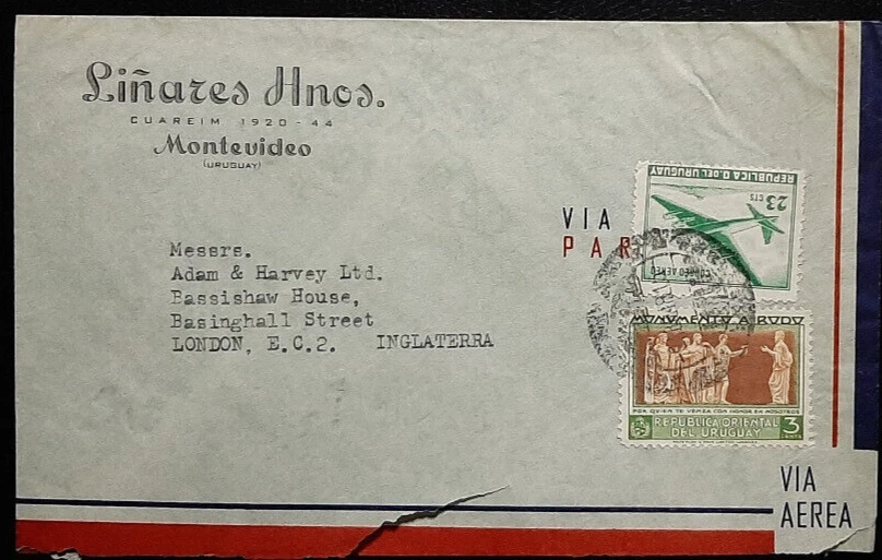 (URU-201) Обложка Уругвая с 2 марками Sg:UY 980 955 от Монтевидео до Лондона - Изображение 1 из 1