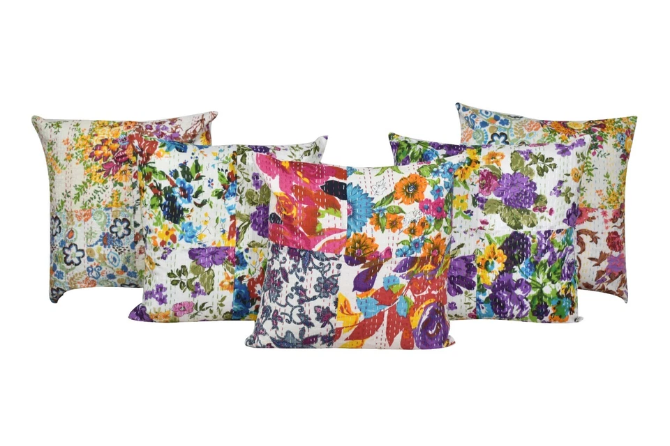 COTTON PATCH KANTHA CUSHION COVER 16x16 Hand Stitched White Floral Set Of 5 - Image 1 of 1