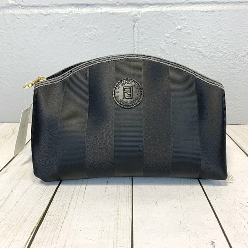 Astuccio trucco cosmetico pochette Fendi nuovo con etichette pequin nero righe rivestito tela