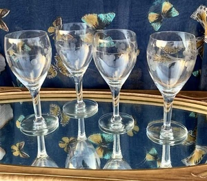 Etched Gray Cut Vintage Wine Glasses 3-leaf Clover Design 6-5/8” Set Of 4 - Picture 1 of 6
