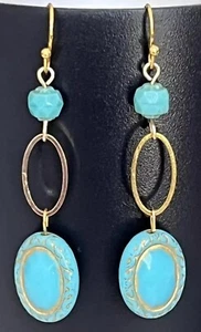 Etched Gold and Turquoise Bead Dangle Earrings. Boho Chic. - Picture 1 of 3