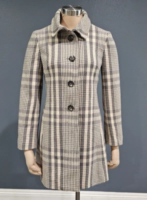 ANN TAYLOR Women Cream Gray Black Wool Check Plaid Trench Pea Coat 2P - Image 1 of 4