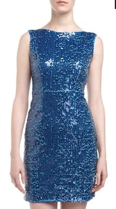 NWT Women's Andrew Marc New York Blue Sequined S/L Square Back Sheath Dress Sz 8 - Picture 1 of 11