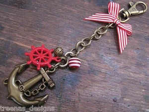 NAUTICAL ANCHOR & WHEEL Antique Gold Bag Charm Huge Anchor Red White Stripe Bow - Picture 1 of 1