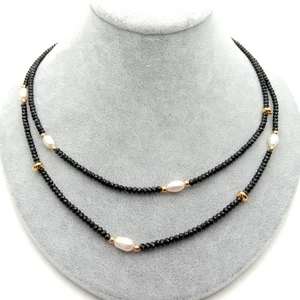 Natural 2 rows faceted Rondelle black Spineal Cultured white Pearl Necklace 17" - Picture 1 of 8