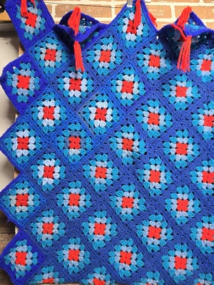 Vintage Granny Square Afghan Throw Blanket 51.5x66 Blues With Red Center - Image 1 of 4