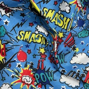 73cm Remnant BLUE Comic Pow Smash Cotton Quilt Fabric Dress Patchwork 54" - Picture 1 of 6