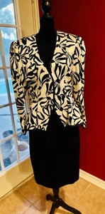 Vintage 80s 100% Silk Skirt Suit Set Black & White Floral Size 12 Korean Made - Picture 1 of 15
