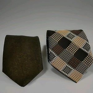 VINTAGE pure 70s LOT 2X Poliestere "TREVIRA" Brown Damask/Yellow-Brown Ceckered - Foto 1 di 4