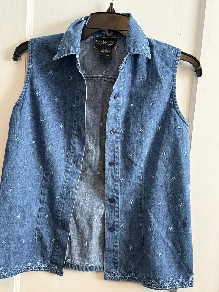 Chaleco vaquero Style & Co para mujer talla S azul chaqueta de motociclista sin mangas al aire libre Foto 1 de 4