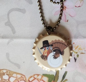 Thanksgiving Necklace Handcrafted Bottle Cap Kids Adult Necklace Mirror Back - Picture 1 of 6
