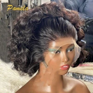 Loose Deep Wave Bob Transparent 13x4 Lace Front Wig Natural Black Human Hair Wig - Picture 1 of 10