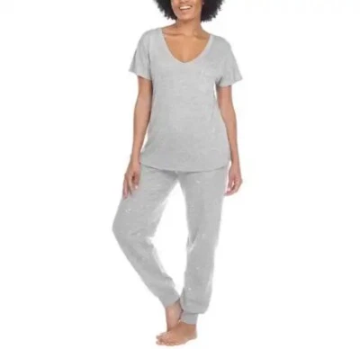 Conjunto de pijama Honeydew para mujer de 2 piezas gris jaspeado bordado corazones rosas pequeño Foto 1 de 4