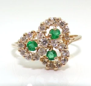 14K Yellow Gold Ring Natural Green Emerald Diamond Halo Swirl Sz 7.5 FZ KV - Picture 1 of 7