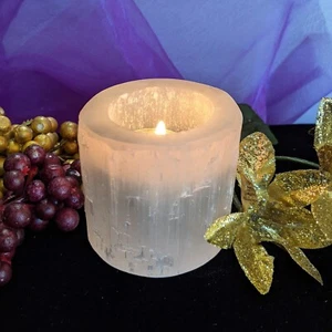 Selenite Tea Light Holder/Natural/ From Morocco/Large Style/Unique/2.5" High/ - Picture 1 of 5