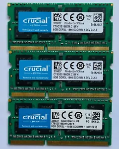 CRUCIAL 3xRAM for Apple iMac late 2015 24GB (3x8) 1866MHz DDR3 SODIMM 204PIN - Picture 1 of 1
