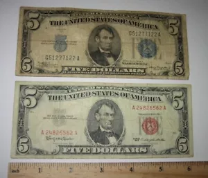 2 Stck. VINTAGE $ 5 FÜNF DOLLARSCHEINE/BANKNOTEN 1934A BLAUES SIEGEL & 1963 ROTES SIEGEL * 2 - Bild 1 von 14