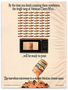 Anuncio impreso Cheez Whiz 1988, sombreros mexicanos microondas salsa de queso mexicano vertido - Imagen 1 de 1