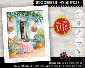 Spring Garden Counted Cross Stitch Kit - DIY Embroidery Landscape Floral Design - Picture 1 of 9
