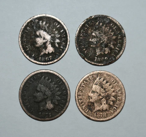 U12. LOT OF 4 LOWER GRADE / NO GRADE INDIAN HEAD CENTS 1867, 1869, 1875, 1878 Cover