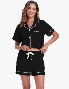 Honypove Women's Black V-Neck Button Down Shirt And Short's Set Sz Medium - Picture 1 of 3
