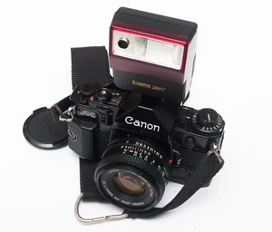 Squeakless/CLAed/Resealed! Canon A-1 Black 35mm SLR Camera FD 50mm f/1.8 lens. - Picture 1 of 8