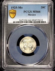 1925 Mexico 20 Centavos, PCGS MS 66, KM-438, Finest @ PCGS & NGC - Picture 1 of 2