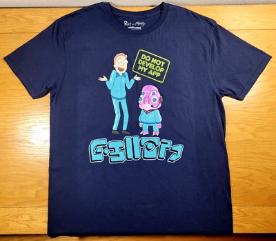 Rick And Morty T-Shirt Men's XL Blue Green Do Not Develop My App Distressed Logo - Image 1 of 2