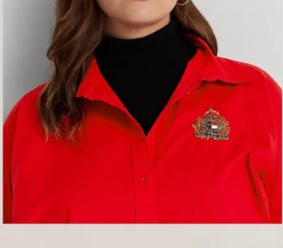 NUEVO CON ETIQUETAS Lauren Ralph Lauren MARTIN ROJO Camisa Blusa HERMOSA CORNETA CON CUENTAS CRESTA 1X Foto 1 de 4