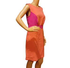 Size 8 Ann Taylor LOFT Colorblock Hot Pink & Coral Retro Sheath Dress T11 - Picture 1 of 6