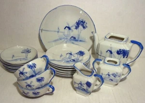 Vintage Porcelain TEA SET Child Size WHITE & BLUE WINDMILL 19 pc. JAPAN - Picture 1 of 12