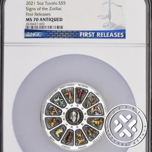 2021 NGC MS70 Antiqued First Releases Tuvalu 5 oz Silver Coin Signs The Zodiac - Picture 1 of 7