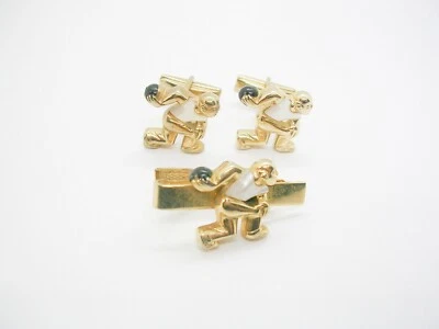 Bowler Cufflinks Tie Clip Set vintage Bowling Cuff Links with matching Tie Bar - Image 1 of 3