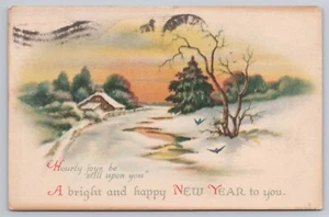 Feliz Año Nuevo Exterior Invierno Paisaje Pájaros c1919 Lobo Postal - Imagen 1 de 2