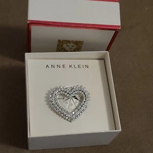 Anne Klein Heart Love Crystal Silver Tone Pin Brooch 1"5/8  - Picture 1 of 4