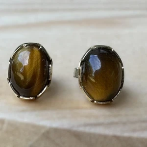 Vintage Ohrstecker Tigerauge Quarz gestempelt 14k Gelbgold 1,1g ohne Backings - Bild 1 von 7