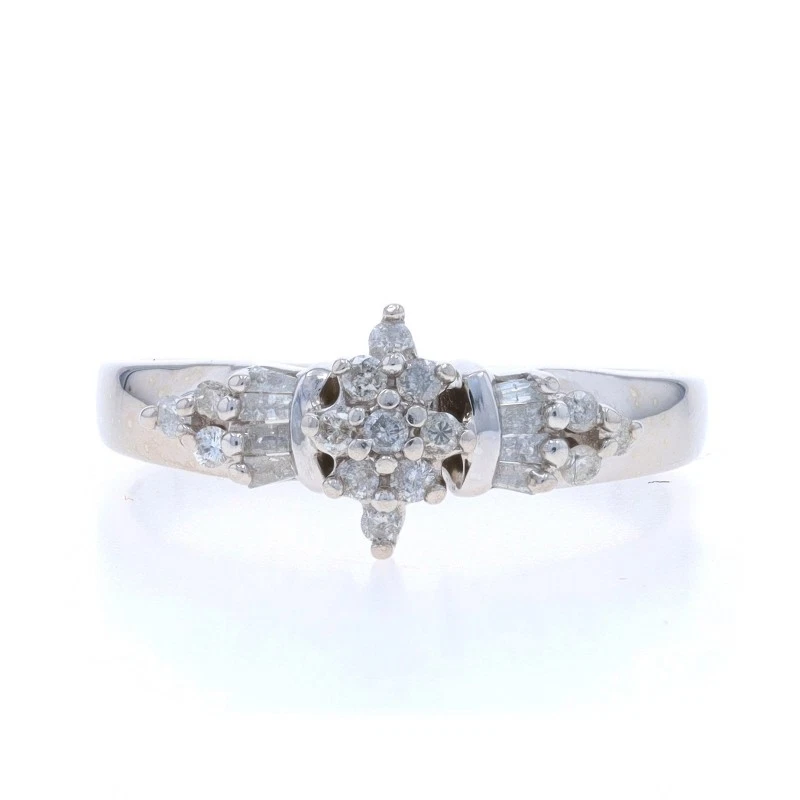 White Gold Diamond Cluster Engagement Ring - 10k Round & Baguette .20ctw - Image 1 of 4