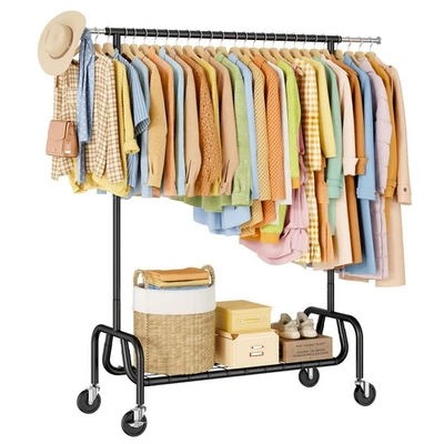 Heavy-duty Clothing Rack with Wheels, Rolling Clothes Rack with Shelf, Clothe... - Image 1 of 4