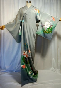 Kimono japonés "HOUMONGI" SEDA, respaldo de flores, hoja de oro, bordado, L5'4"... 4595 - Imagen 1 de 10