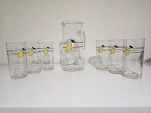 Vintage 80s Lemon Jug 6 X Glasses Juice Drinking Set Pitcher Lot Rare - Picture 1 of 7